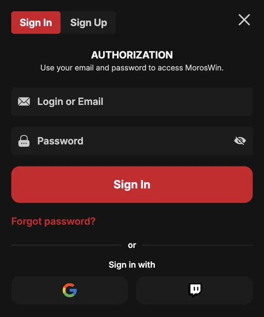 MorosWin sign-in form on a phone