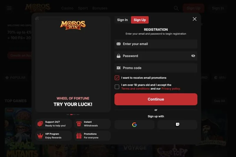MorosWin sign-up window on a computer